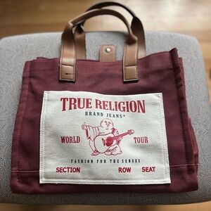 True Religion Maroon Canvas Tote with Cream Front Patch and Tan Handles EUC
